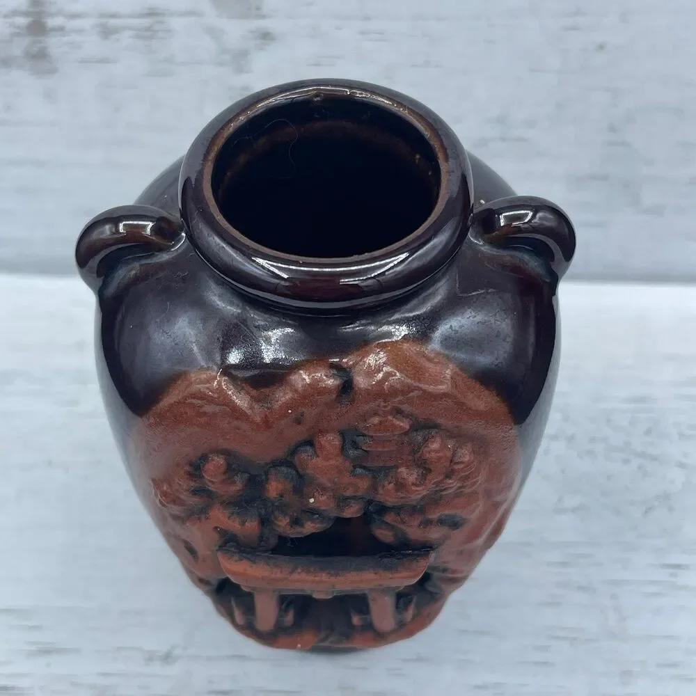 Vintage Japanese Banko Ware Carved Relief Vase Torii Gate Pine Tree